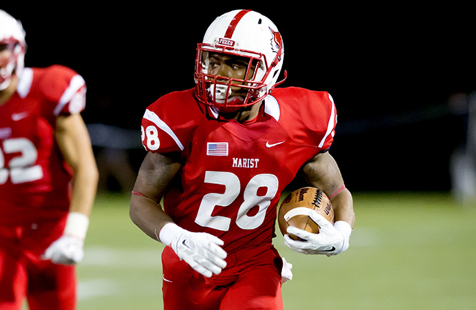 Marist running back Marcellus Calhoun was the PFL Co-Offensive Player of the Week after his game-winning touchdown against Sacred Heart, Saturday. (Photo courtesy Marist Athletic Media Relations)